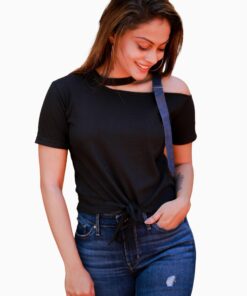 Denim Buckle Belt Cutout Shoulder Knot Tee