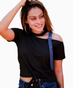 Denim Buckle Belt Cutout Shoulder Knot Tee - Image 5