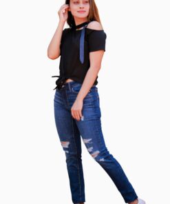Denim Buckle Belt Cutout Shoulder Knot Tee - Image 8