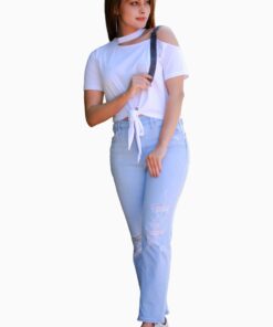 Denim Buckle Belt Cutout Shoulder Knot Tee - Image 7