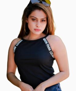 Livish Letter Tape Rib-knit Halter Top