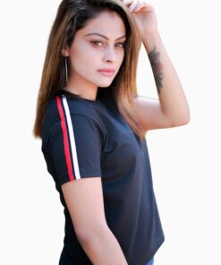White and Red Sleeve Line Black T-shirt