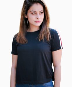 Alternative view of White and Red Sleeve Line Black T-shirt