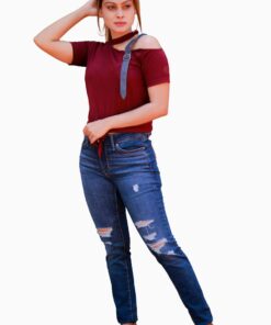 Denim Buckle Belt Cutout Shoulder Knot Tee - Image 9