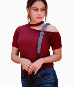 Denim Buckle Belt Cutout Shoulder Knot Tee - Image 3